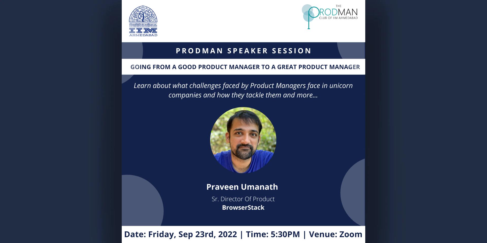 Cover Image for “Going from a good product manager to a great product manager" Speaker Session by ProdMan Club of IIMA